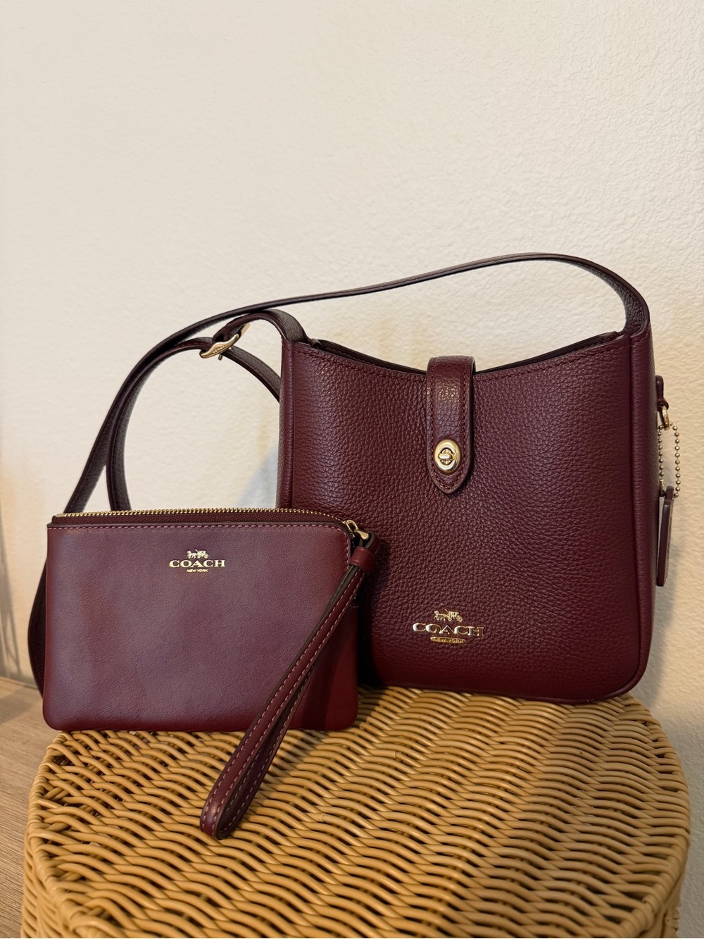 Coach Burgundy Pebbled Leather Shoulder Bag with Matching Wristlet